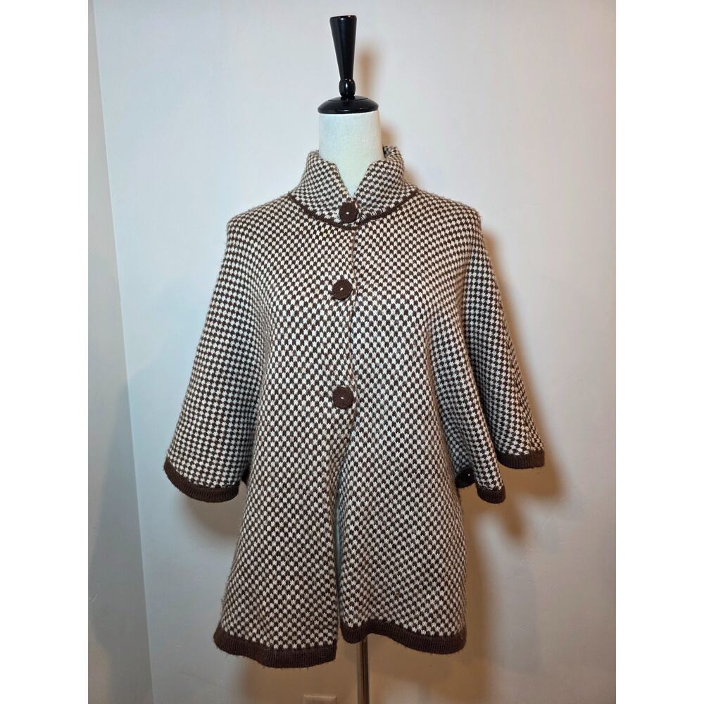 Peruvian Womens Brown Checkered Poncho Cape Cardigan 100% Alpaca Wool One Size